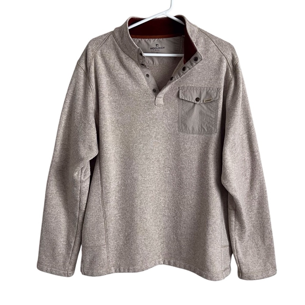 Woolrich Men’s Pullover Knit Sweater Fleece Snap Neck Sweatshirt Beige Tan XL